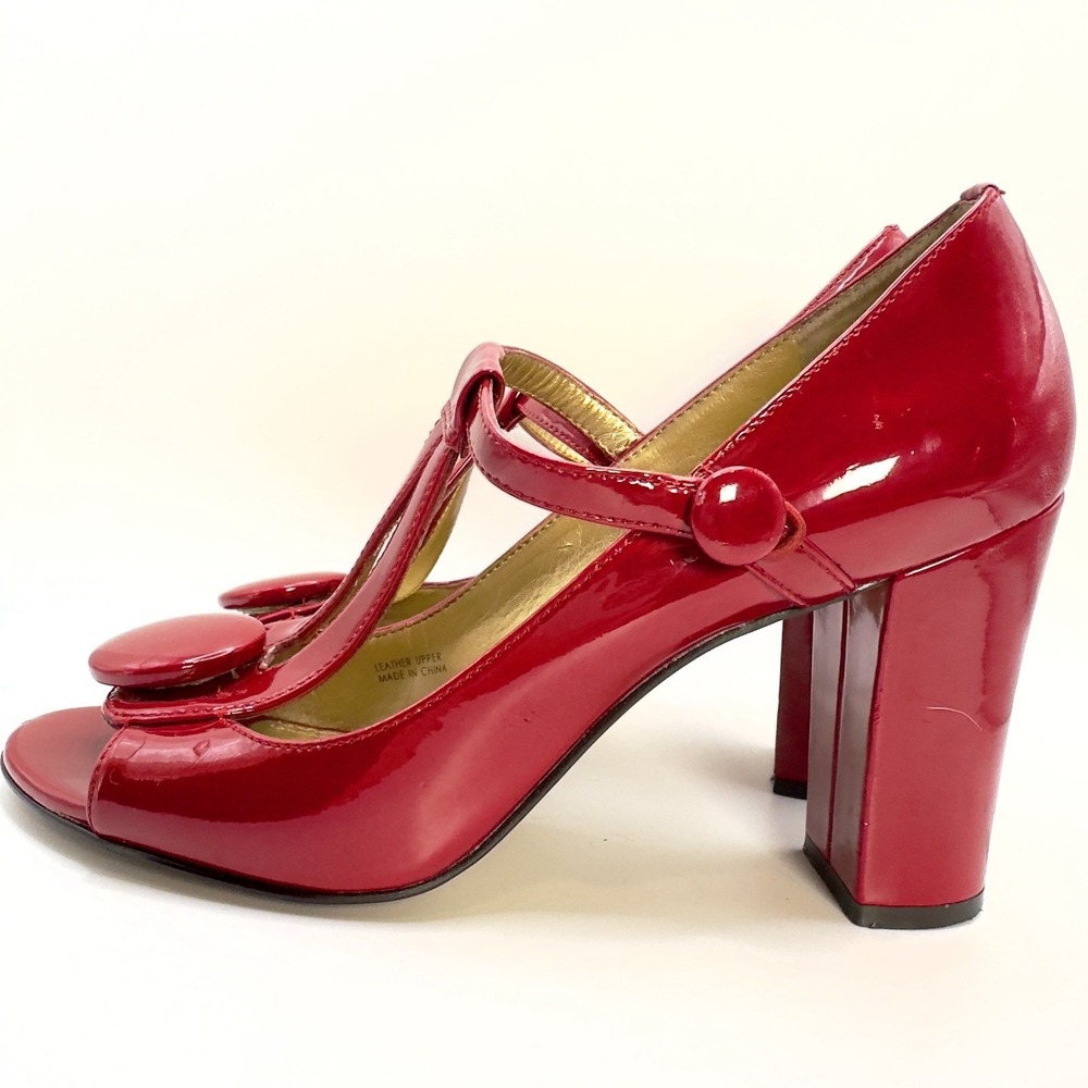 Tahari Red Patent T-Strap Heels Women's 7 Pinup Rockabilly Peeptoe‎ Retro - Picture 2 of 11